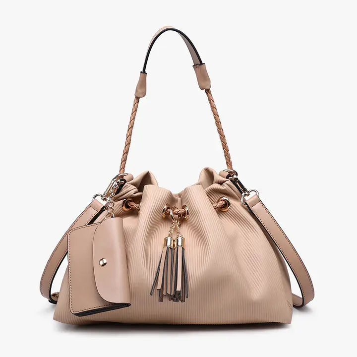 Aailyah Taupe Drawstring Bucket Bag