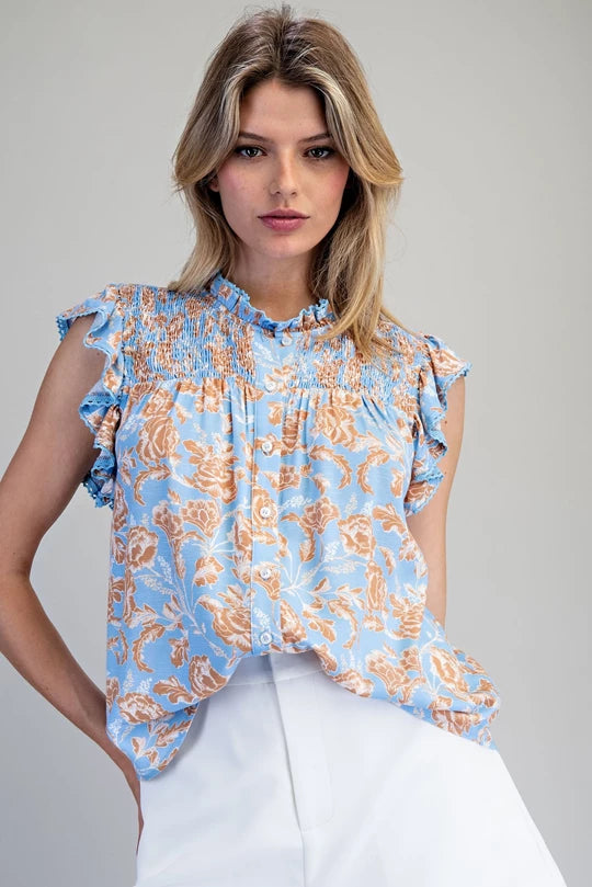 Antique Blue Rose Floral Top