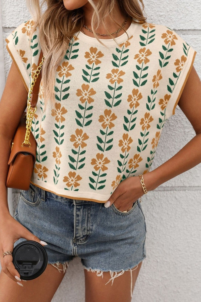Beige Vintage Floral Knit Top