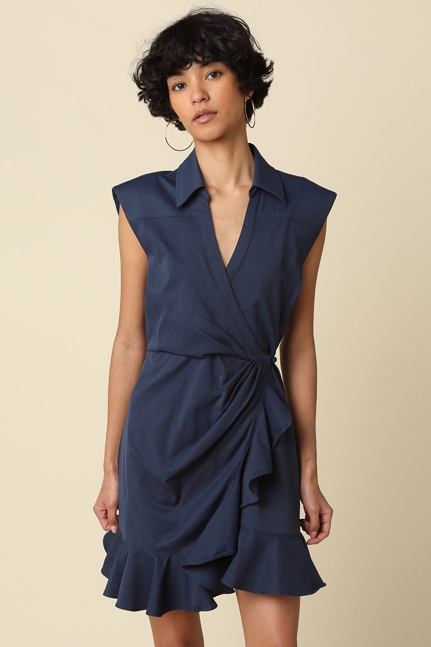 Blair Draped Ruffle Wrap Mini Dress- Navy