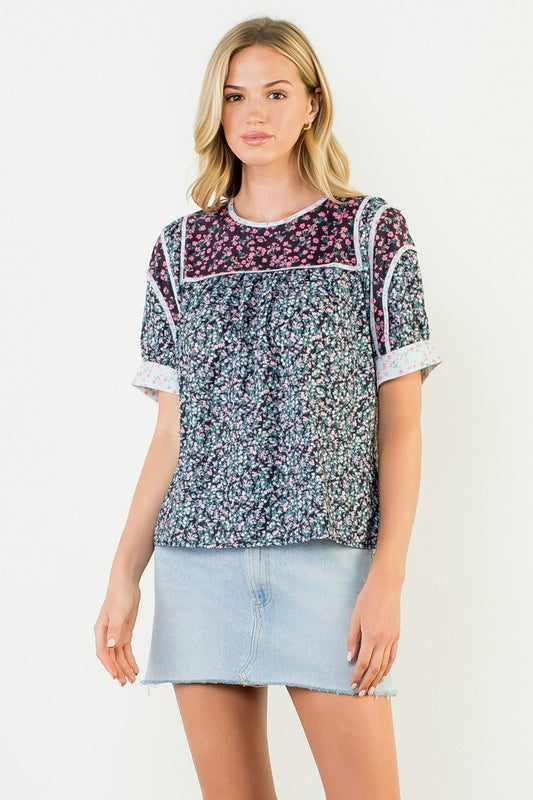 Blue Floral Boho Peasant Top