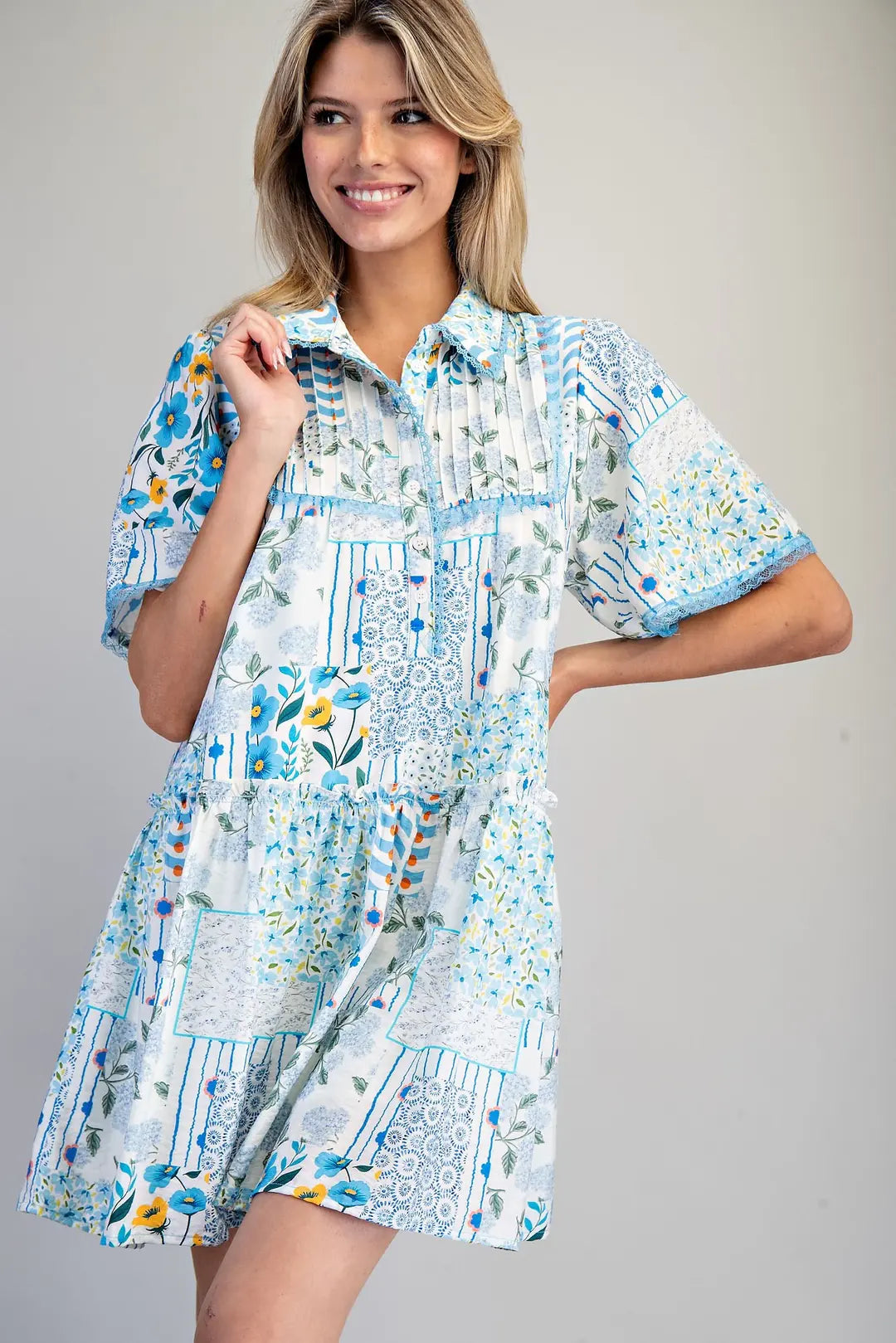 Blue Patchwork Floral Mini Dress