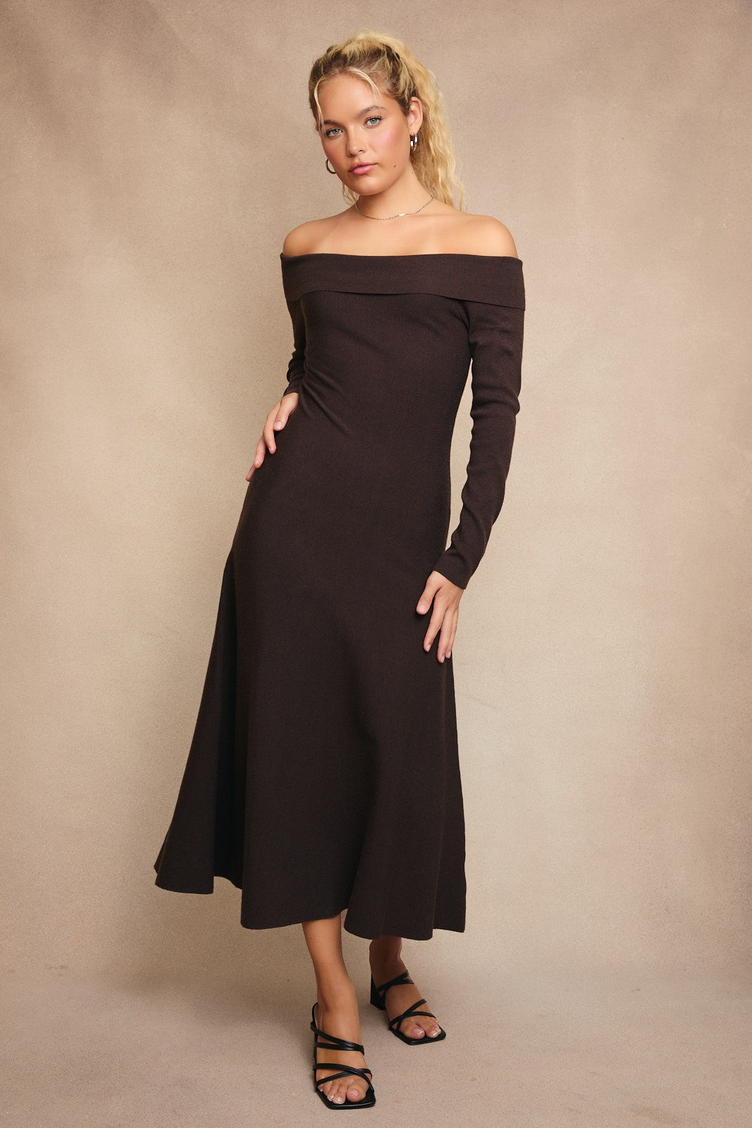 Brown Off The Shoulder Sweater Dress