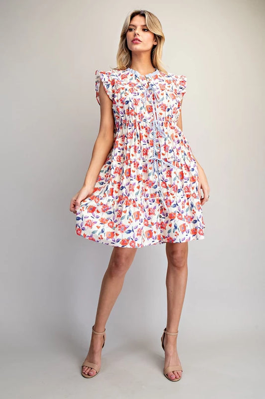 Coral Flower- Floral Print Button Down Dress
