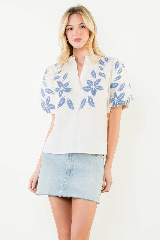 Puff Sleeve Floral Embroidery Top