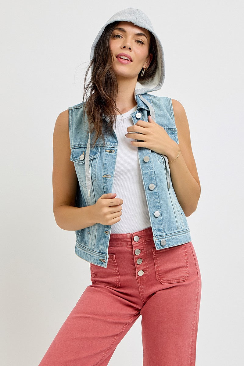 Denim Vest With Detachable Hoodie