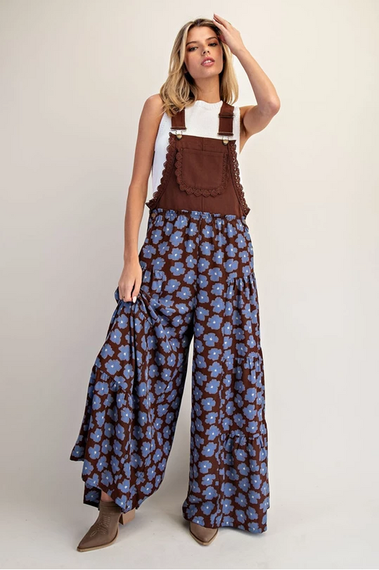 Floral Print Wide Leg Overalls