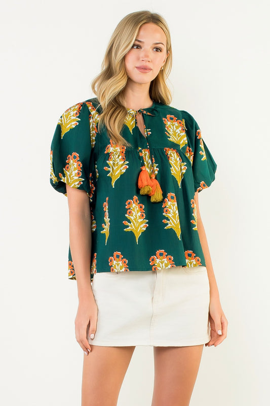 Green Puff Sleeve Floral Top