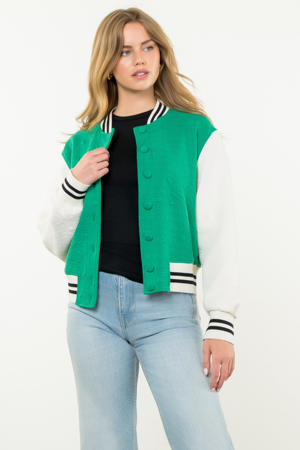Green Textured Jacket With White Sleeves