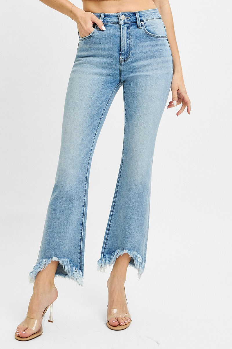 High Rise Crop Bootcut Fray Hem Jeans