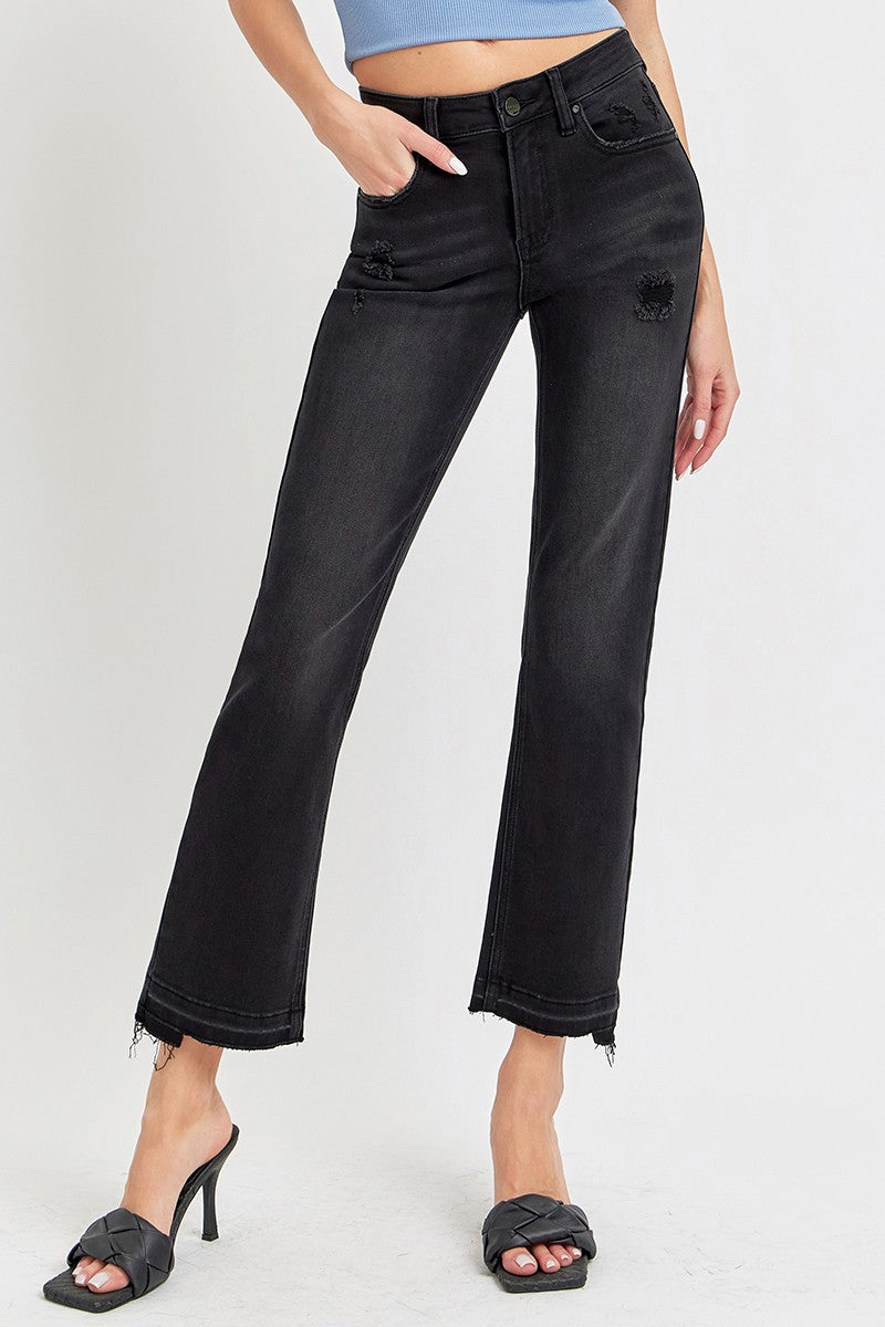 Mid Rise Ankle Straight Uneven Released Hem Jeans