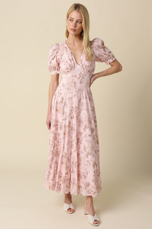Miya Floral Blush Khaki Puff Sleeve Maxi Dress