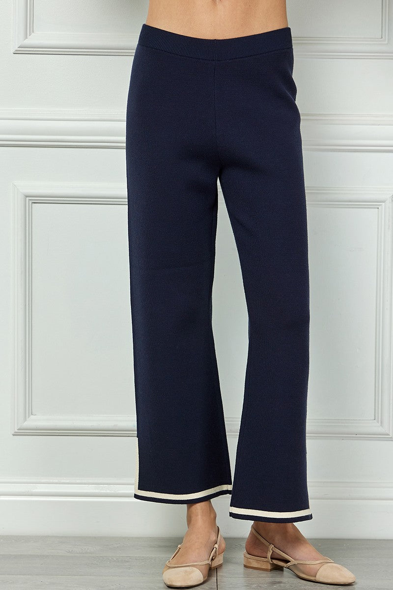 Navy Sweater Pants With White Trim
