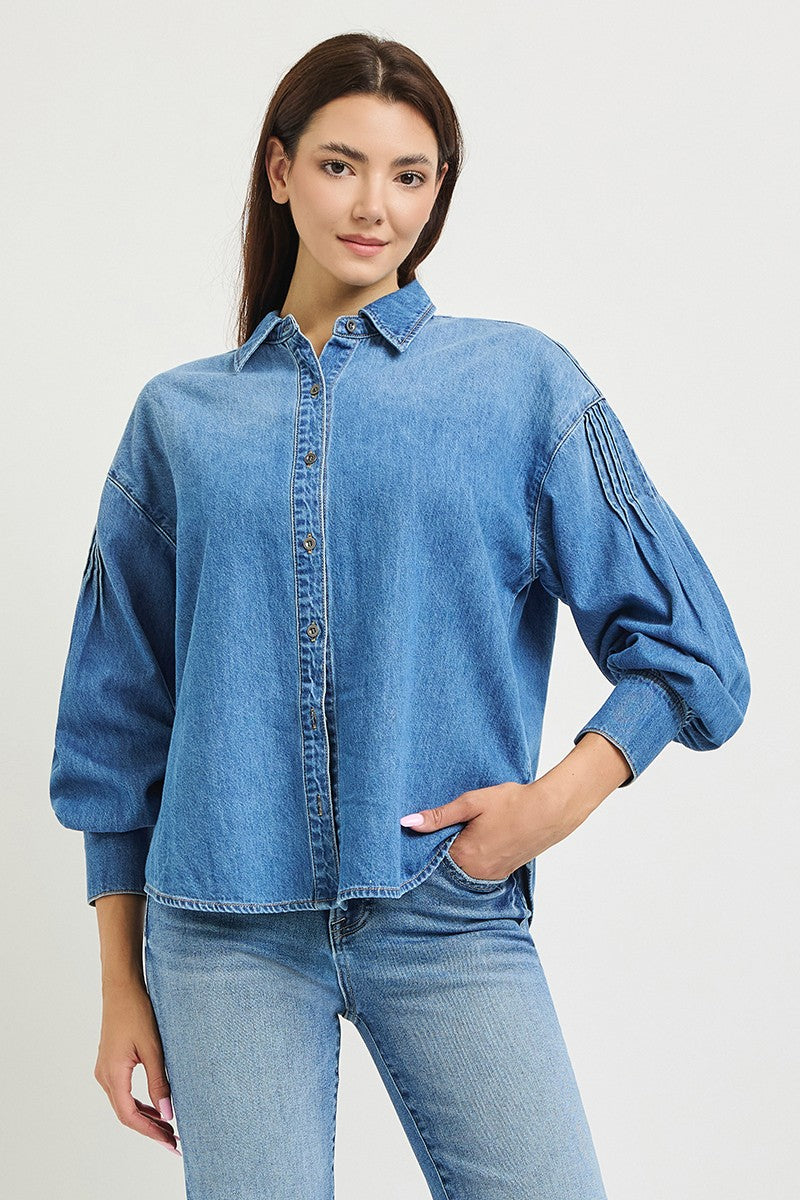 Oversized Pintuck Balloon Sleeve Denim Shirt