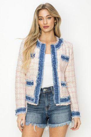 Pink Tweed Denim Trimmed Blazer