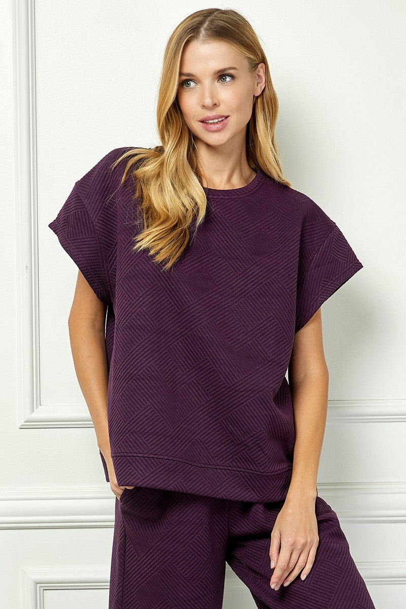 Plum Textured Short Sleeve Sweatshirt Top
