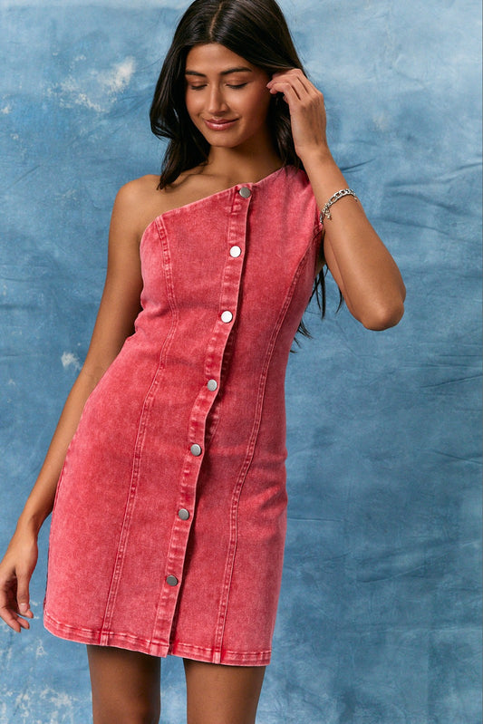 Red One Shoulder Twill Mini Dress