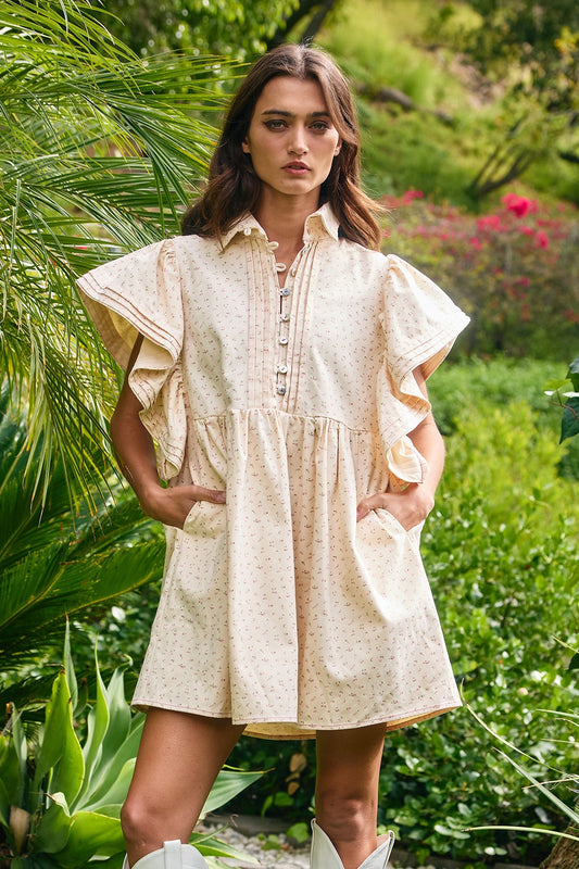 Floral Print Ruffled Sleeve Mini Dress-Cream & Pink