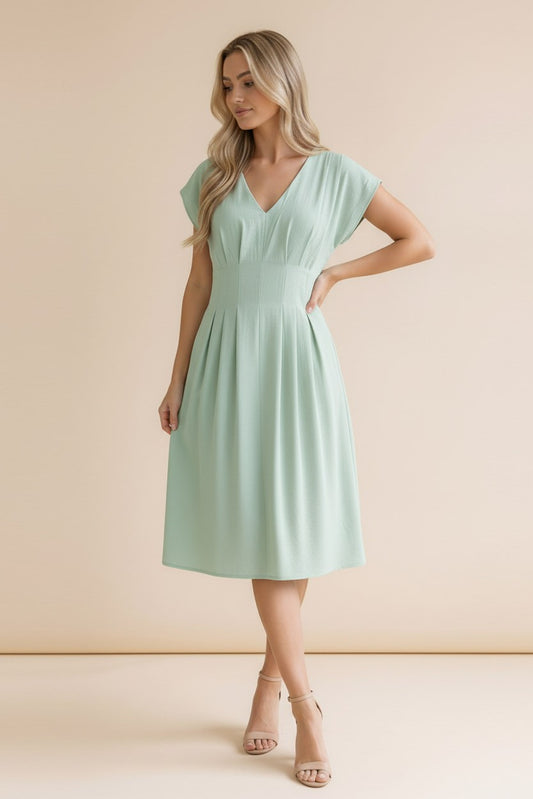 V-Neck Cap Sleeve Dress-Sage