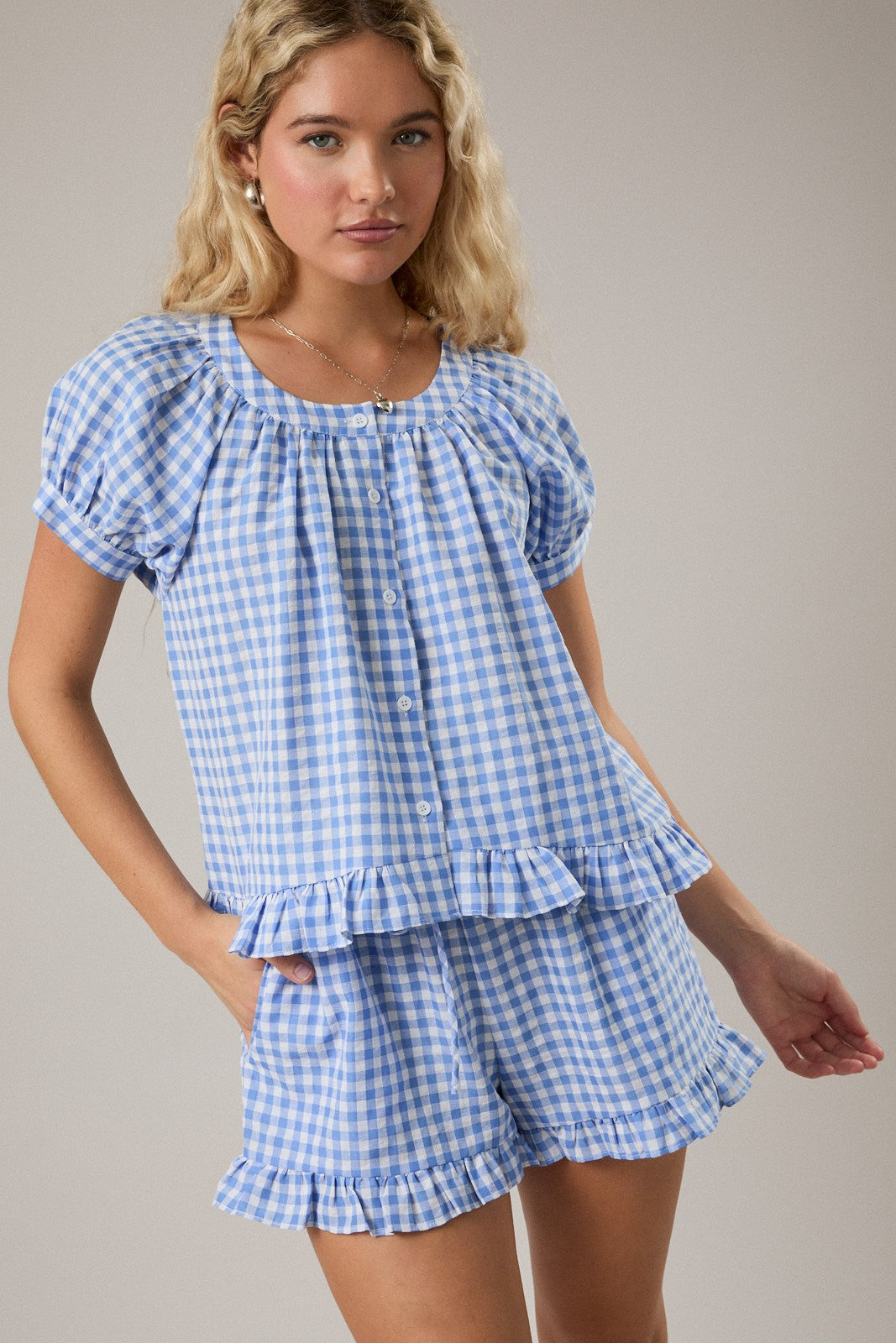 Short Puff Sleeve Gingham Top