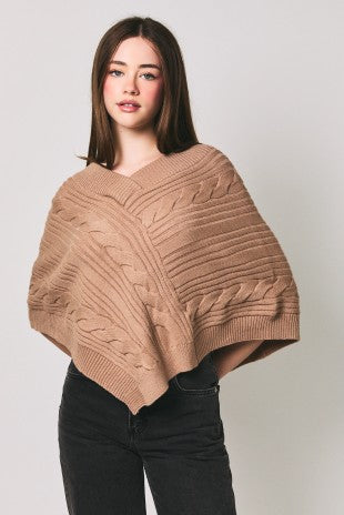 Taupe V-Neck Knit Sweater Poncho