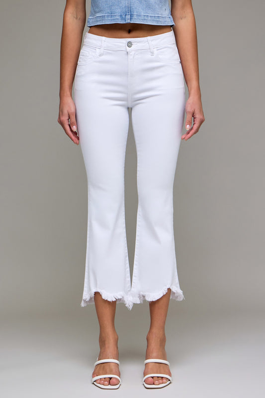 White Frayed Hem Cropped Flare Jeans