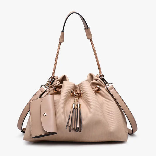 Aailyah Taupe Drawstring Bucket Bag