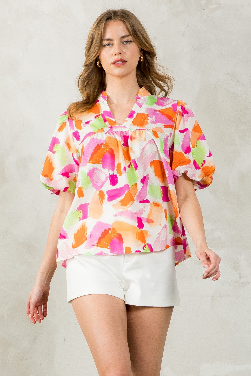 Abstract Print Puff Sleeve Top