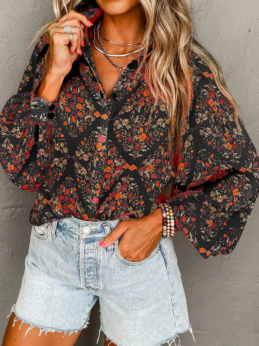 Black Floral Puff Sleeve Shirt