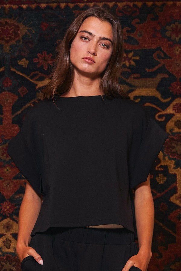 Black Scuba Flod Wide Sleeve Top