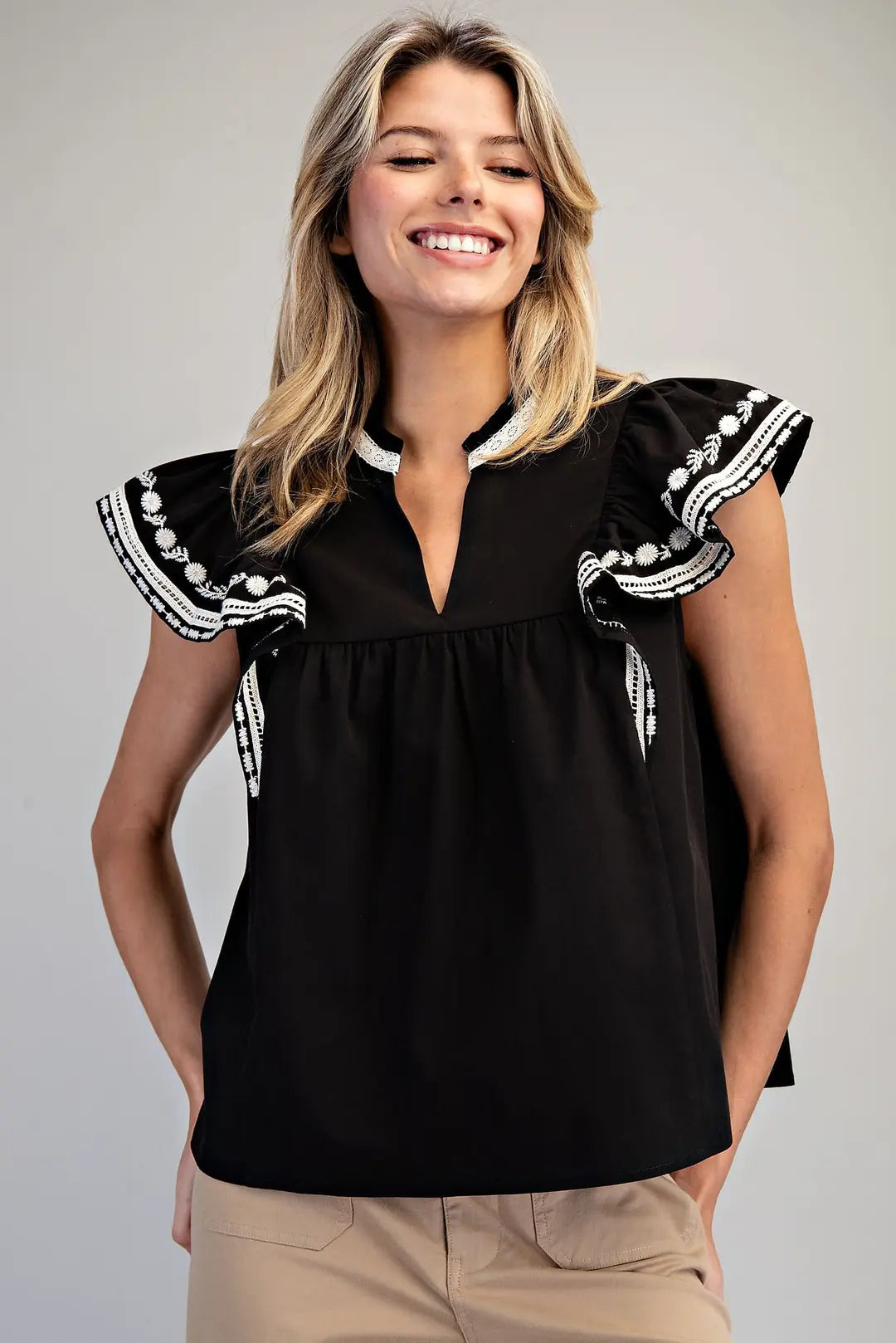 Black Embroidered Sleeve Top