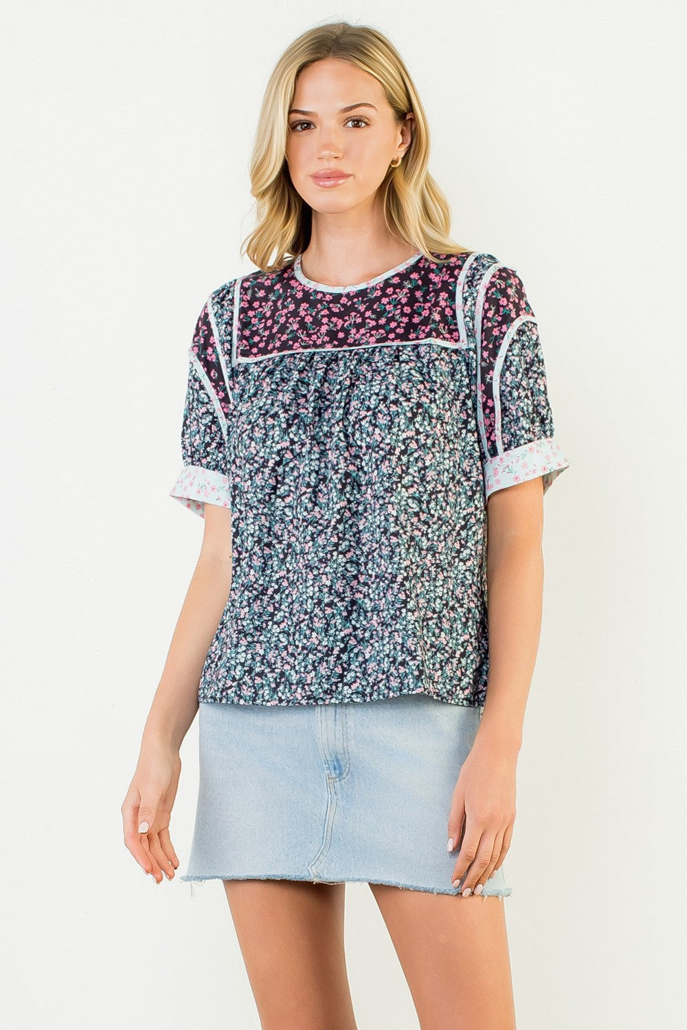 Blue Floral Boho Peasant Top