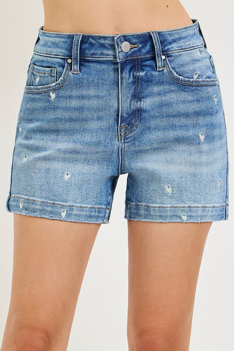 Jean Shorts with Embroidered White Hearts