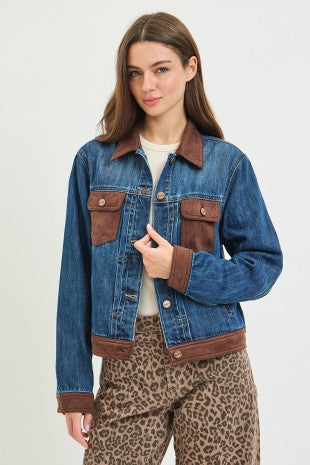 Blue Jean Jacket With Brown Suede Trim