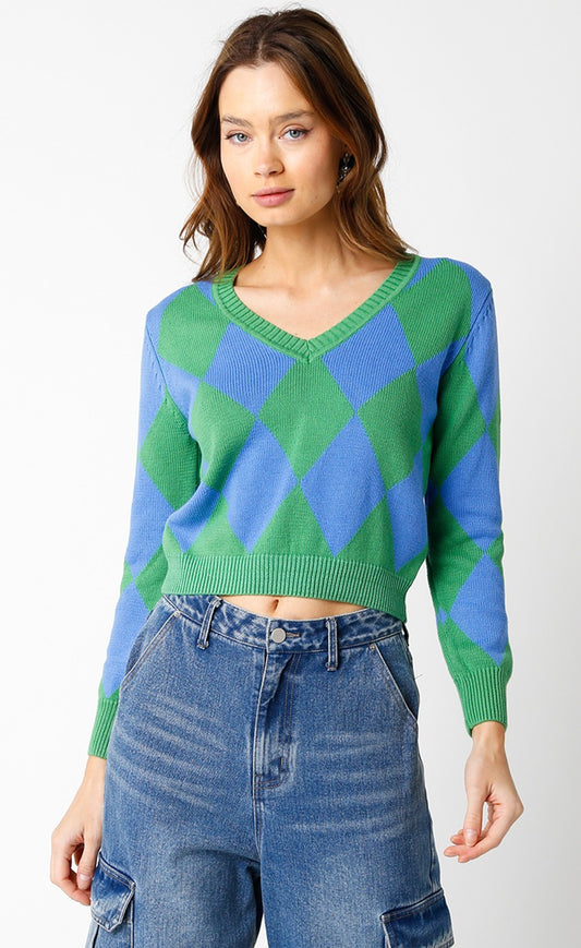 Blue & Green Argyle V Neck Sweater