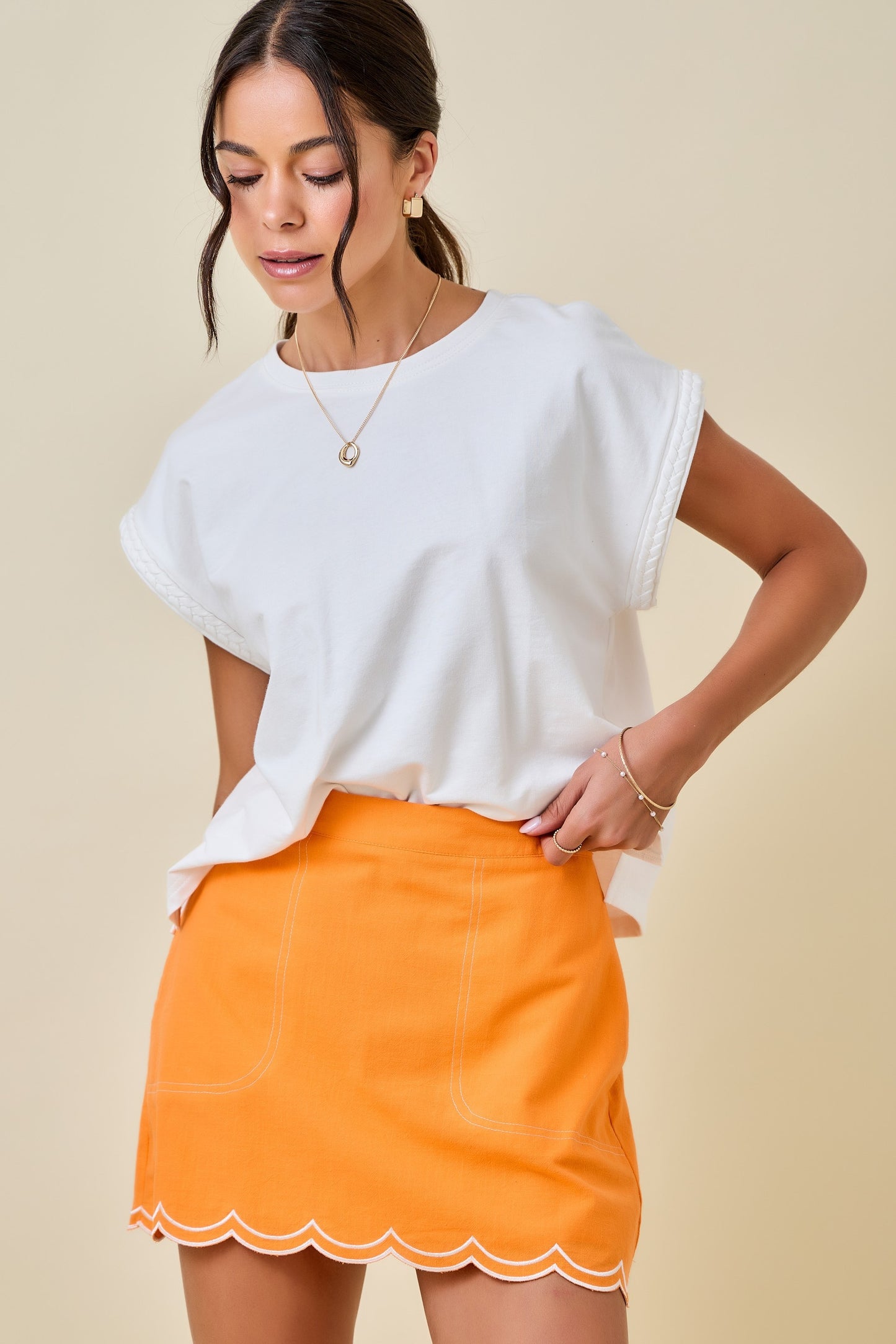 Off White Boxy T-Shirt With Braided Sleeve Detail