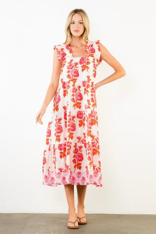 Flutter Sleeve Floral Print Tiered Dress