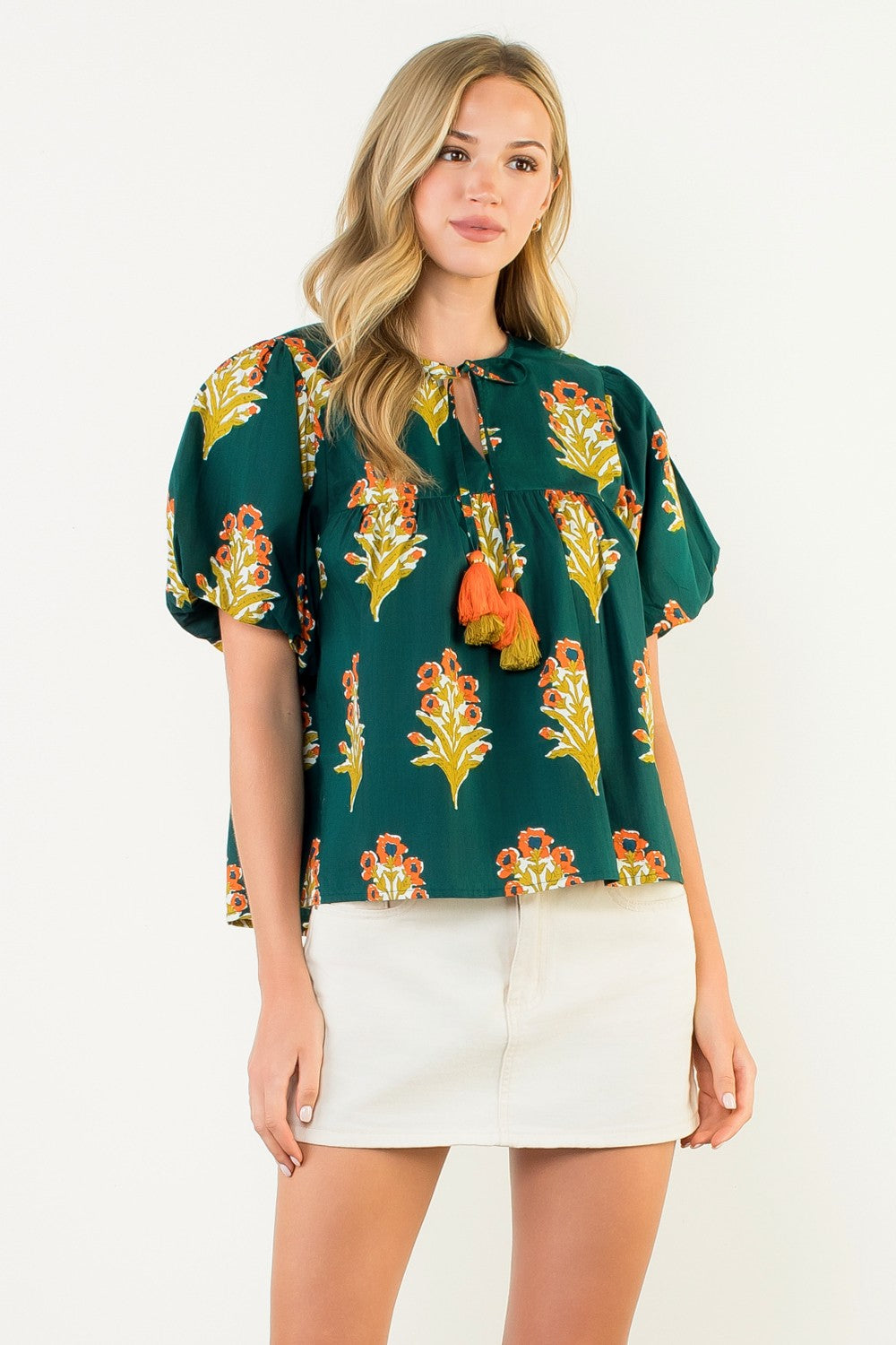 Green Puff Sleeve Floral Top