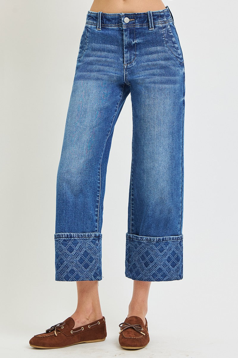 High Rise Crop Wide Jeans With Plaid Cuffs