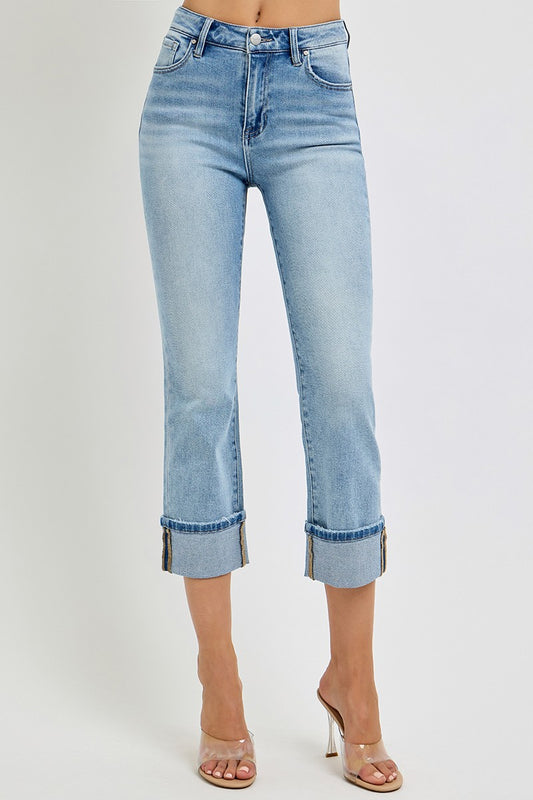 High Rise Ankle Straight Cuffed Jeans