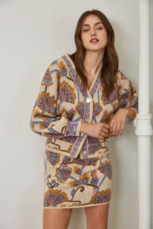 Jacquard Knit Taupe Cardigan Sweater