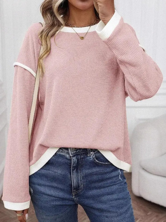 Khaki Crewneck Knit Sweater With White Trim