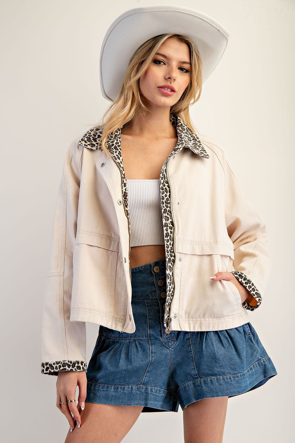 Mineral Washed Cream Jacket With LeopardTrim
