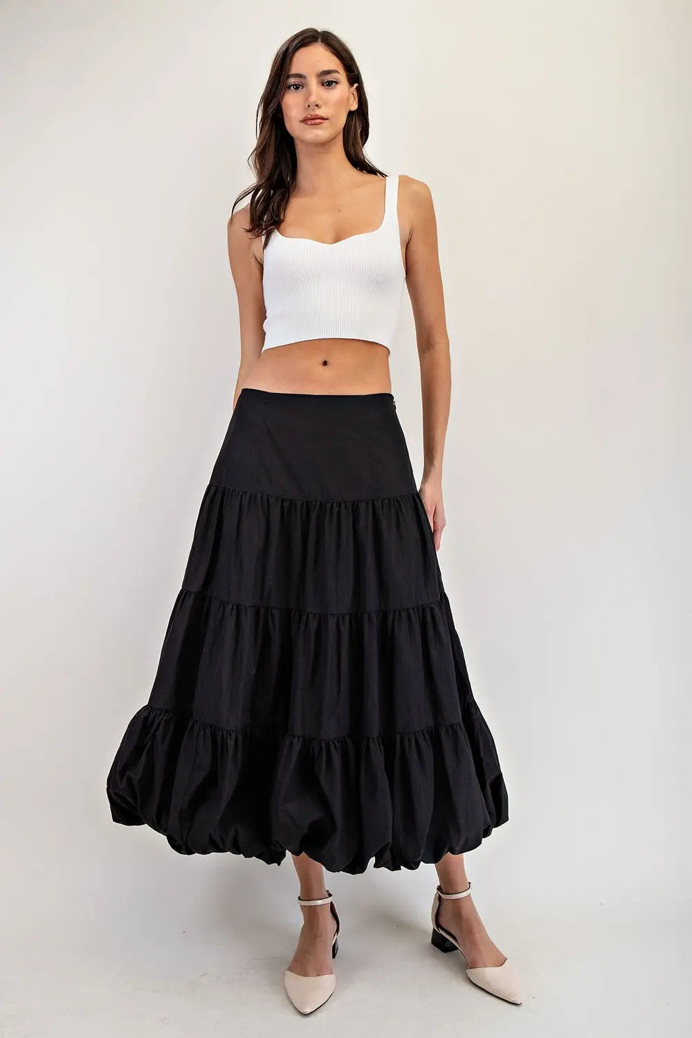 Long Black Tiered Balloon Maxi Skirt