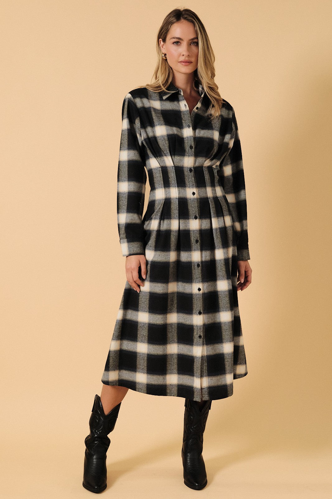 Long Sleeve Pleated Shirt Dress