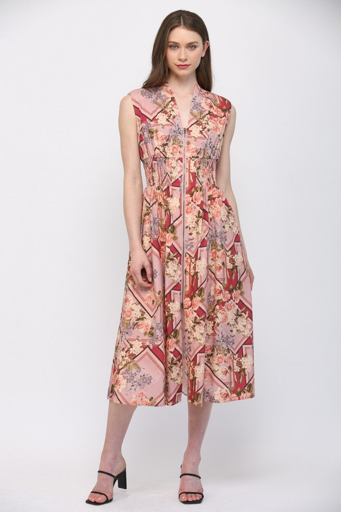 Scarf Print Front Zip Closure Dress