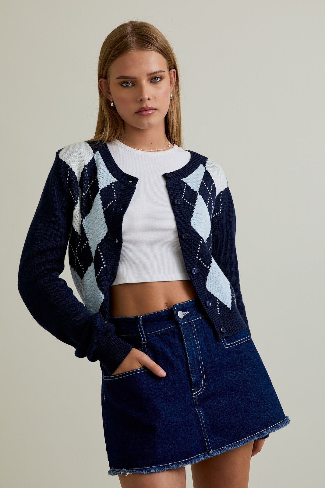 Navy Argyle Cardigan Sweater