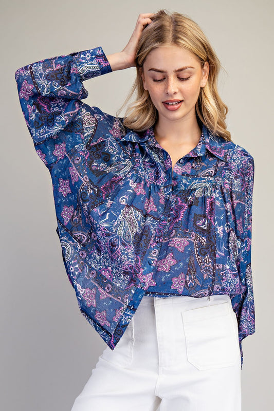 Navy Paisley Button Down Top