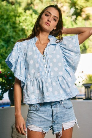 Navy/White Polka Dot Ruffle Sleeves Top