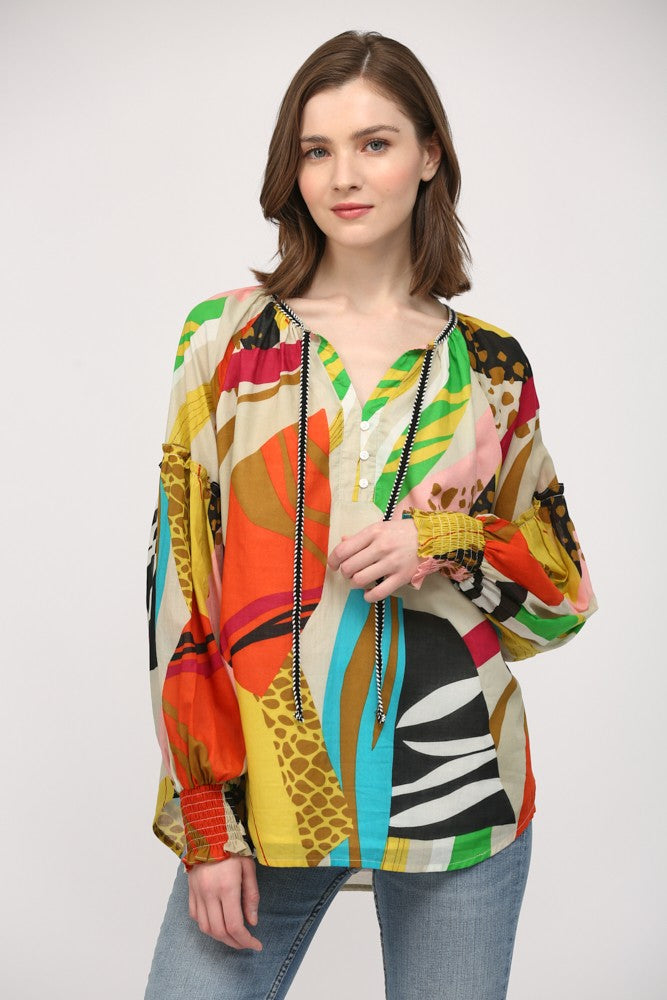 Printed Half Button Front Tie Neck Blouse